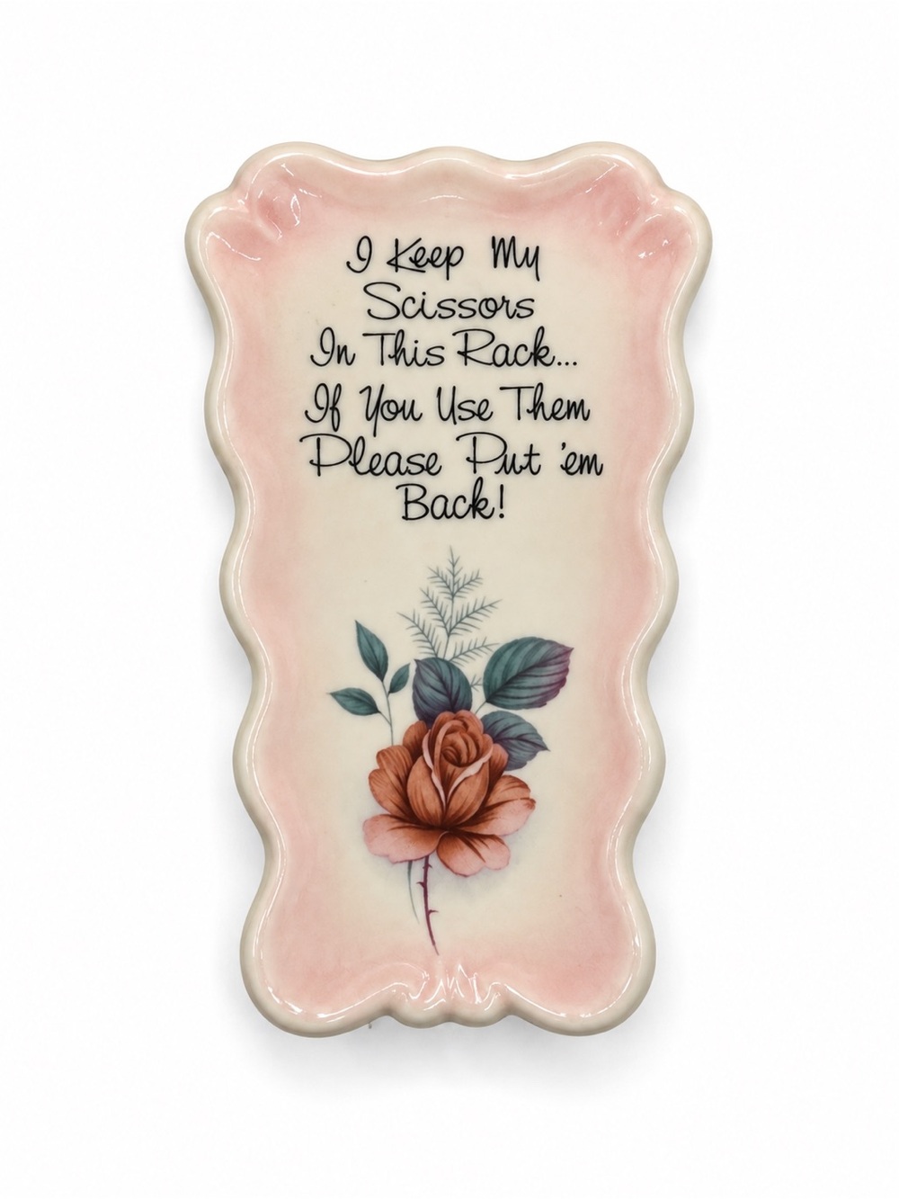 Vintage Ceramic Scissor Holder Wall Pocket | Pink Rose Kitchen Organizer | Retro